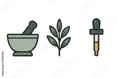 Natural health and wellness icons featuring mortar pestle leaf and oil dropper bottle