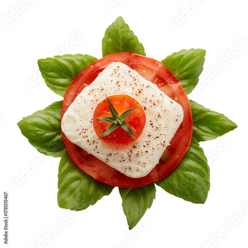 Fresh Salad With Tomato, Mozzarella, and Basil Arranged Beautifully on a Whit...