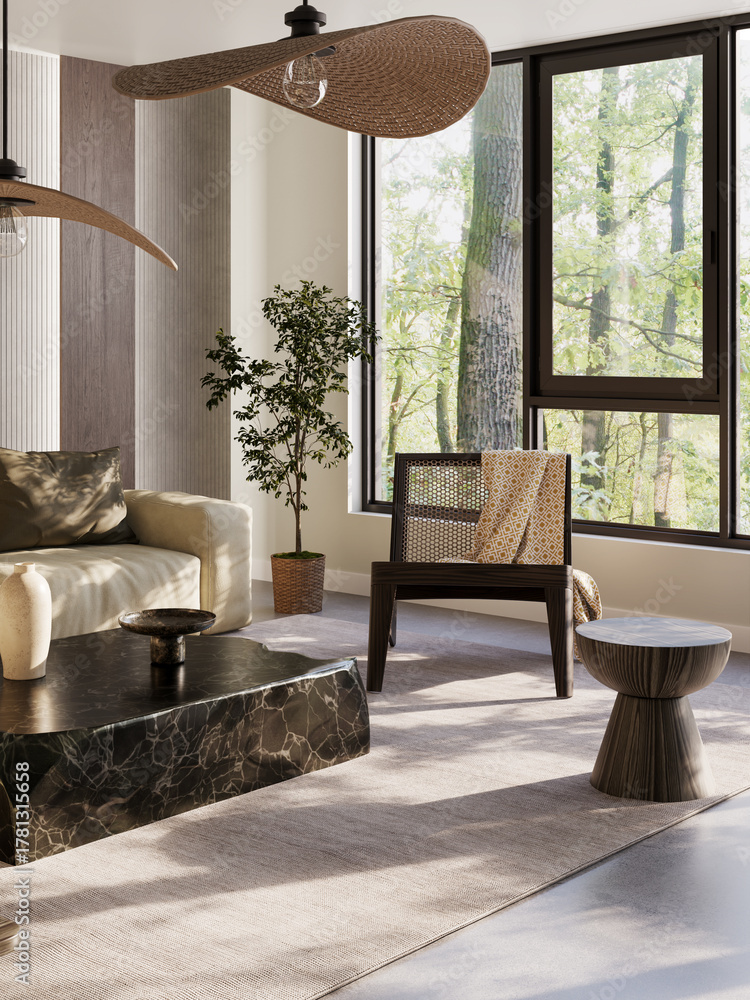 Fototapeta premium Large luxury modern bright interiors Living room mockup illustration 3D rendering image