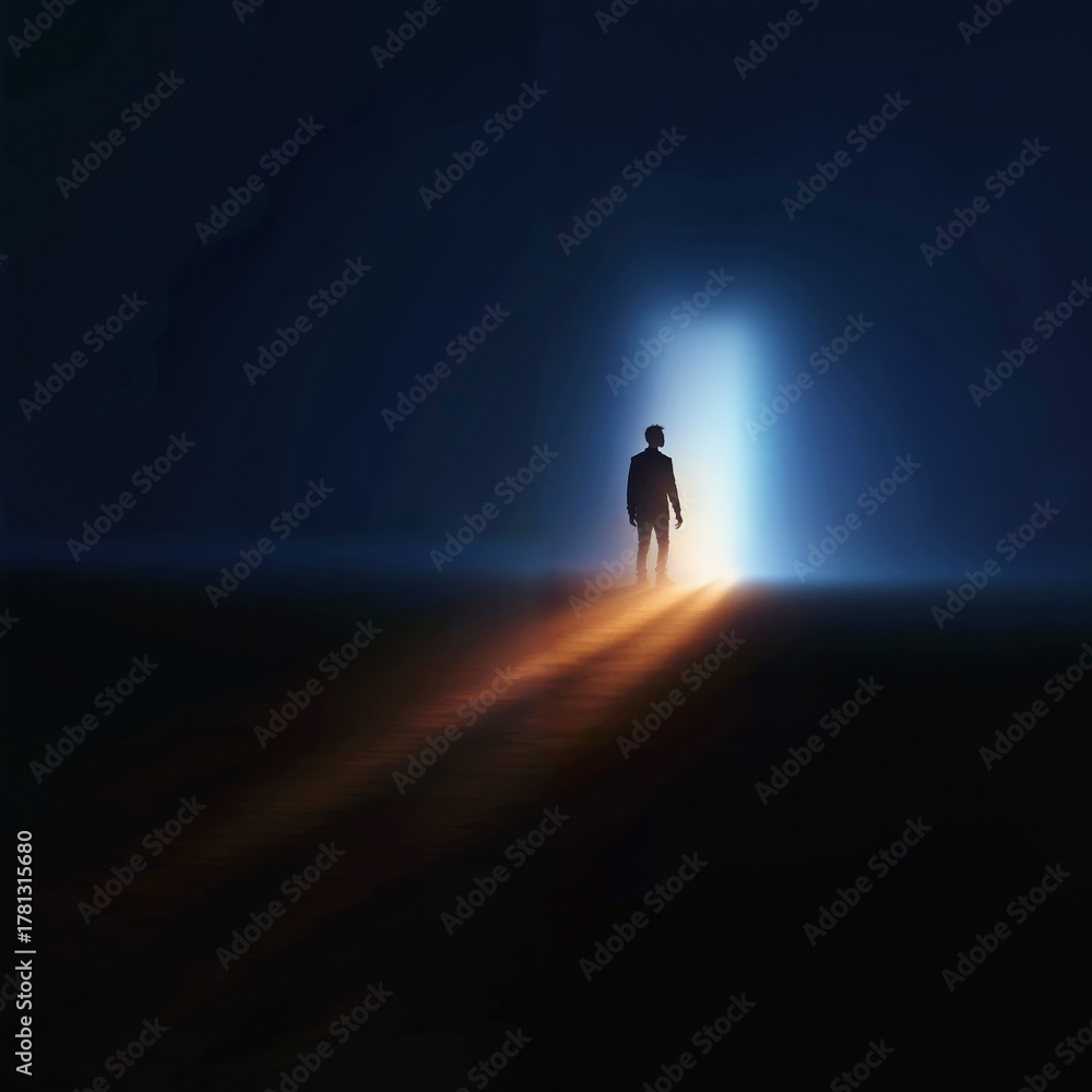 Fototapeta premium Man Approaching Glowing Door in the Dark