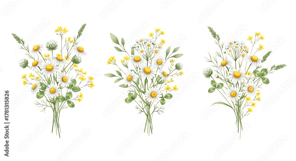 Fototapeta premium Three watercolor bouquets of wildflowers including daisies and grass, isolated on transparent background