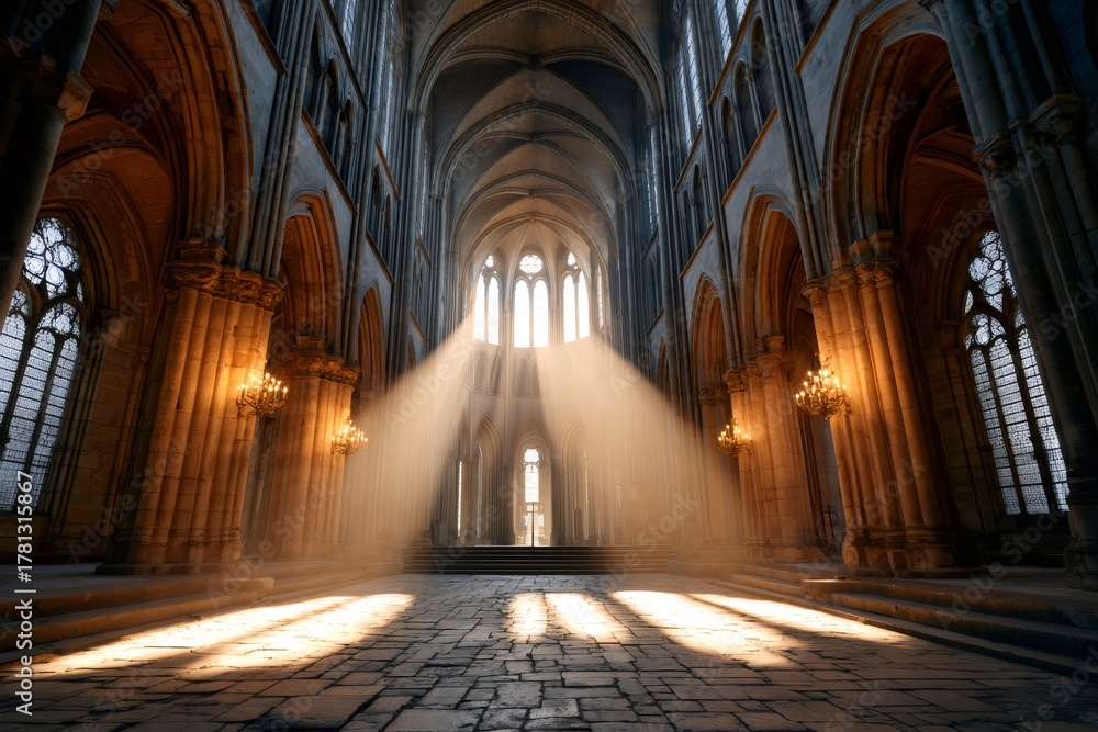 Obraz premium Gothic cathedral interior with light rays streaming through windows