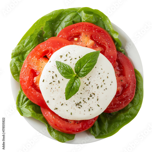 Fresh Salad With Tomato, Mozzarella, and Basil Arranged Beautifully on a Whit...