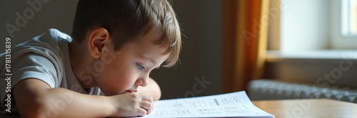 Doing homework at desk, little boy studies hard at home. Concentrated little boy, homework is important to succeed at school and in life.