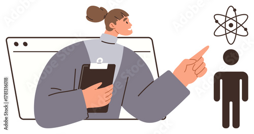 Woman holding clipboard, pointing at atomic diagram near human figure, symbolizing science, education, learning, research, innovation, communication and teamwork. Ideal for knowledge-sharing