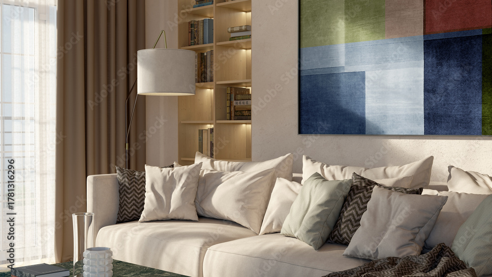 Naklejka premium Large luxury modern bright interiors Living room mockup illustration 3D rendering image