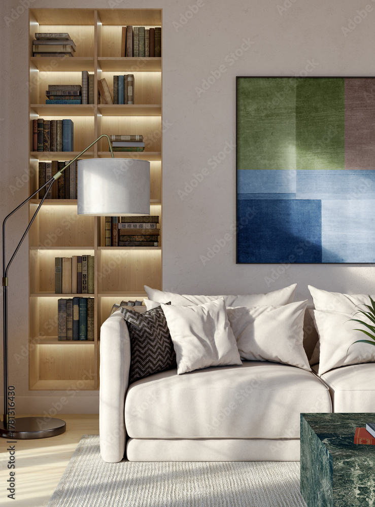 Naklejka premium Large luxury modern bright interiors Living room mockup illustration 3D rendering image