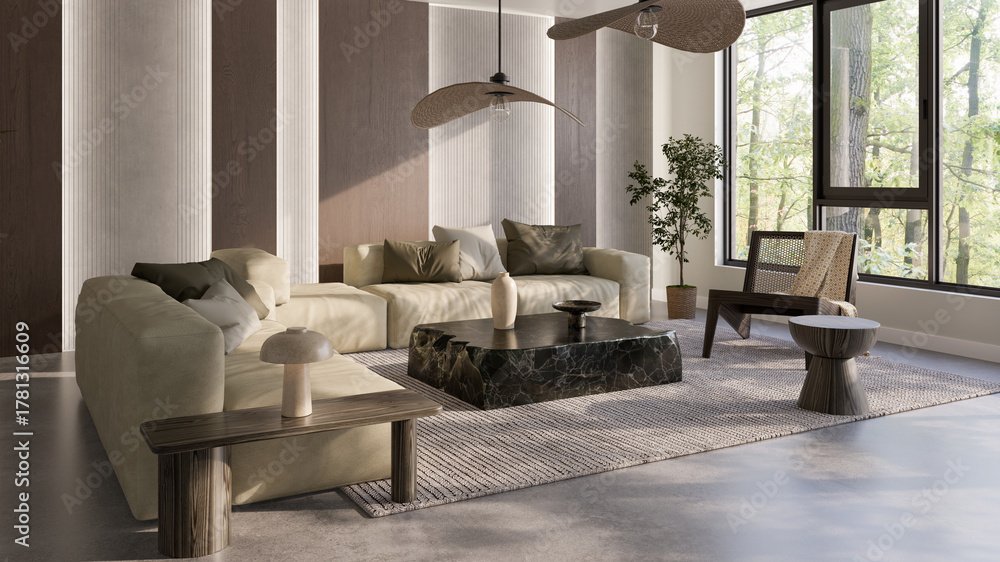 Naklejka premium Large luxury modern bright interiors Living room mockup illustration 3D rendering image