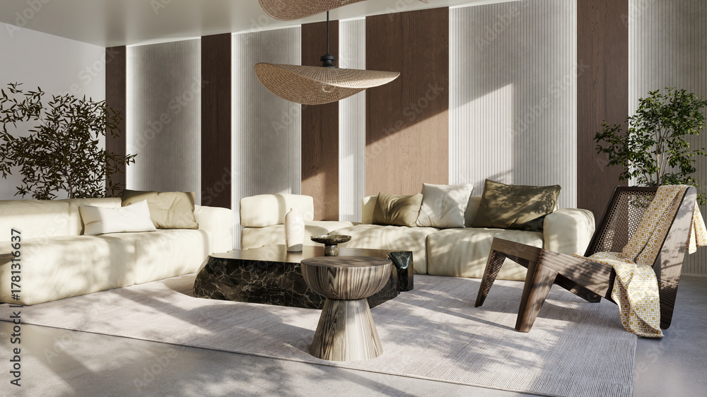 Naklejka premium Large luxury modern bright interiors Living room mockup illustration 3D rendering image