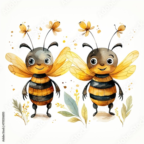 Two cartoon bees standing next to flowers and herbs on a white background. Illustration of a cartoon bee drawing. Design art depicting two cute bees. Design print.