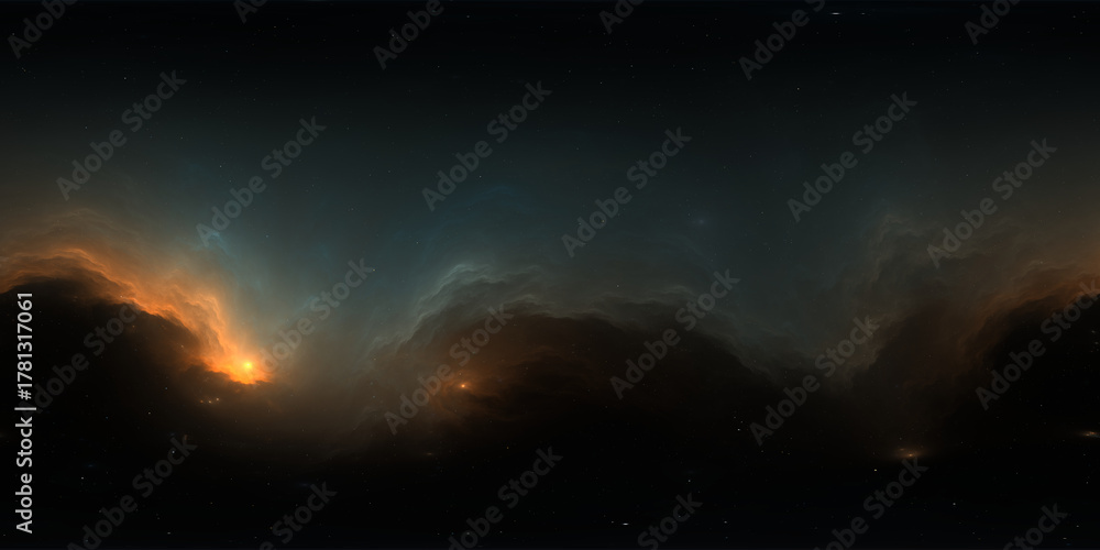 Fototapeta premium 360 degree space nebula. Giant interstellar cloud with stars, equirectangular projection, environment map. Spherical panorama. 3D rendering, Fractal image