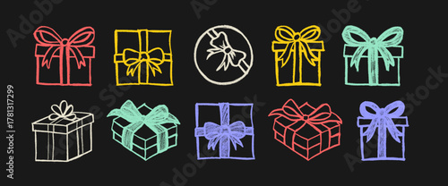 Surprise Gift Box Crayon Chalk Drawing Doodle Vector Set