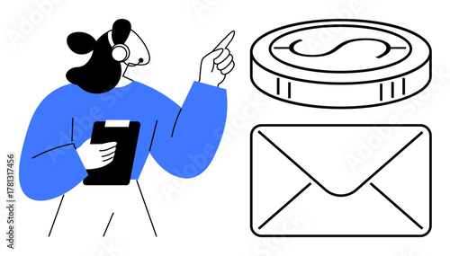 Female support agent with headset holding clipboard, pointing to a large coin and envelope. Ideal for customer service, payment solutions, marketing, communication, consulting, teamwork, business