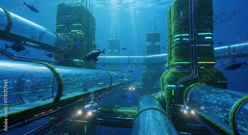 Futuristic Underwater City with Transparent Tunnels and Marine Life.