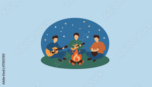 A tranquil night scene where a group of friends gathers around a campfire playing acoustic instruments and sharing songs under a starry sky.