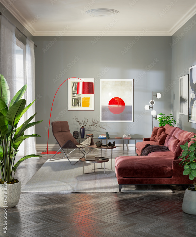 Naklejka premium Large luxury modern bright interiors Living room mockup illustration 3D rendering image