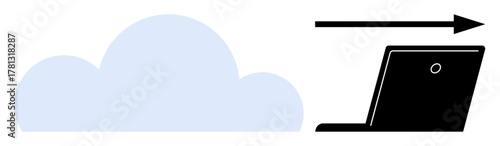 Blue cloud icon with black laptop and an arrow symbolizing data movement. Ideal for cloud storage, data sharing, digital transformation, remote work, technology solutions, file transfer, simple flat