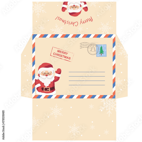Printable envelope to Santa Claus. Template with soft beige background decorated with Santa Clause, snowflakes, copy space. Merry Christmas. Vector illustration.