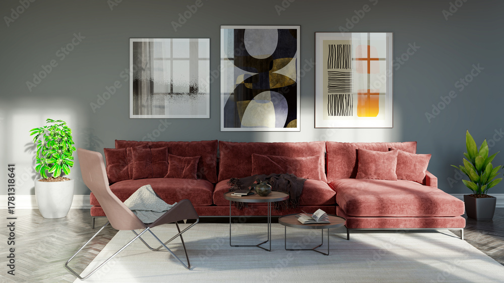 Naklejka premium Large luxury modern bright interiors Living room mockup illustration 3D rendering image