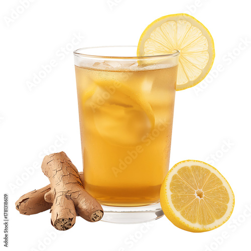 Refreshing Ginger Lemonade Served With Ice and Fresh Lemon Slices on a Bright...