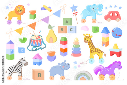 Cute set of children's wooden toys in flat style in pastel soft colors: cubes, towers, animals on wheels and rope to pull and roll. Vector illustration for decorating nursery, kindergarten.