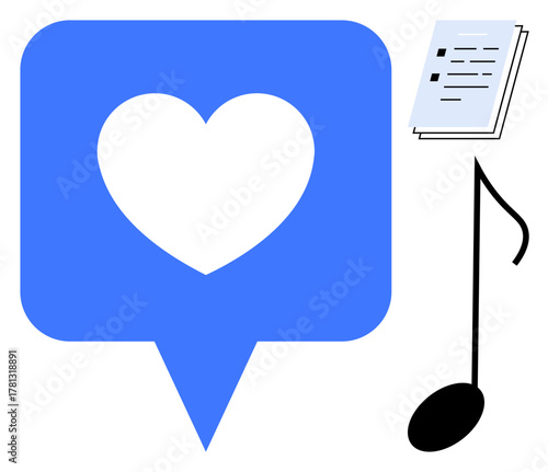 Heart symbol inside blue speech bubble with a black music note and sheet music. Ideal for creativity, music appreciation, communication, connection, inspiration, art, and entertainment. Simple flat