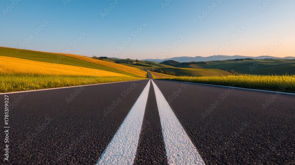 Fototapeta premium A wide, open road stretches through lush green fields, leading towards distant mountains under a clear blue sky.