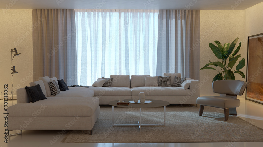 Naklejka premium Large luxury modern bright interiors Living room mockup illustration 3D rendering image