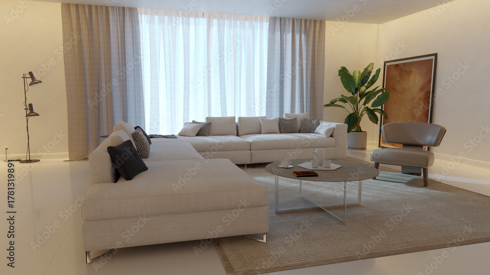 Naklejka premium Large luxury modern bright interiors Living room mockup illustration 3D rendering image