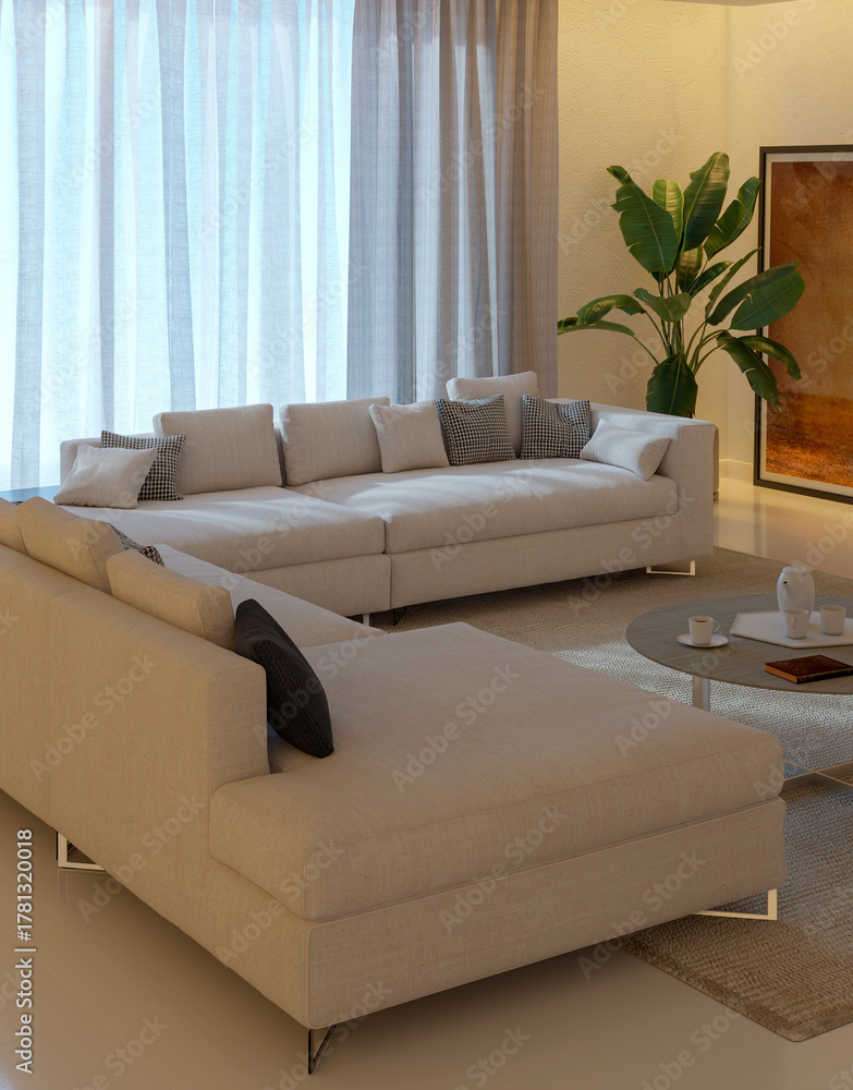 Naklejka premium Large luxury modern bright interiors Living room mockup illustration 3D rendering image