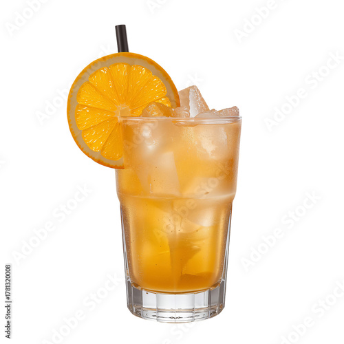 Refreshing Cocktail Served With Ice and Citrus Garnishes in a Tall Glass.
