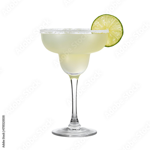 Refreshing Margarita Served With a Lime Wedge in a Clear Glass on a White Bac...
