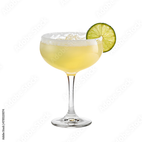Refreshing Margarita Served With a Lime Wedge in a Clear Glass on a White Bac...