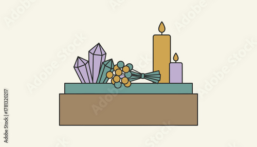 A wellness altar adorned with crystals herbs and candles symbolizing holistic healing practices and spiritual health.