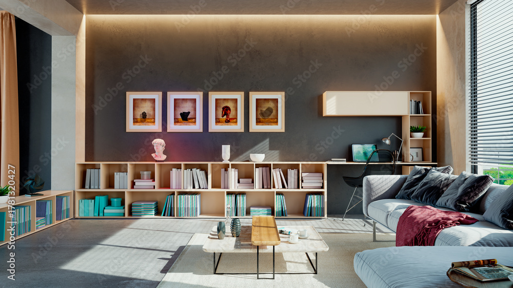 Naklejka premium Large luxury modern bright interiors Living room mockup illustration 3D rendering image