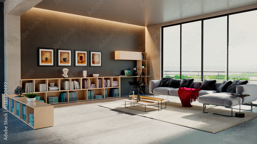 Obraz premium Large luxury modern bright interiors Living room mockup illustration 3D rendering image