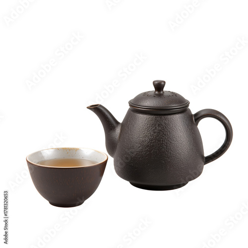 Traditional Tea Set With a Teapot and Bowl on a Plain Background