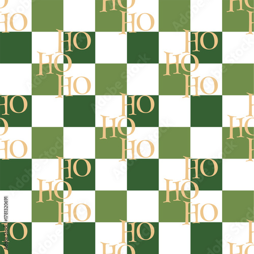 Festive green and white checkered pattern with scattered gold "HO HO HO" text, creating a cheerful, holiday-inspired Christmas background.