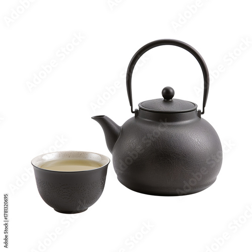 Traditional Tea Set With a Teapot and Bowl on a Plain Background.