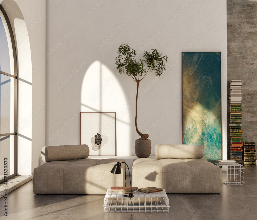 Obraz premium Large luxury modern bright interiors Living room mockup illustration 3D rendering image
