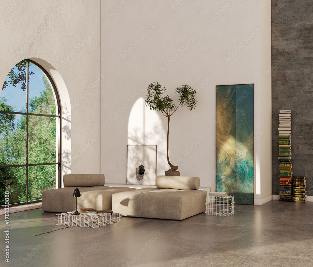 Obraz premium Large luxury modern bright interiors Living room mockup illustration 3D rendering image