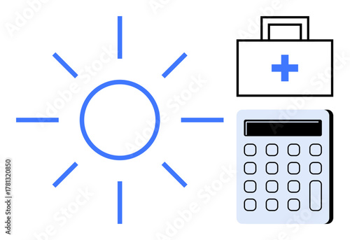 Sun with radiating lines, first aid kit with cross, and calculator. Ideal for health, wellness, finance, budgeting, emergency planning healthcare costs and sustainability. Simple flat metaphor