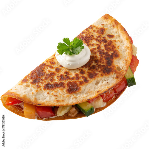 Delicious Cheesy Tortilla Filled With Fresh Vegetables and Herbs Ready to Enj...