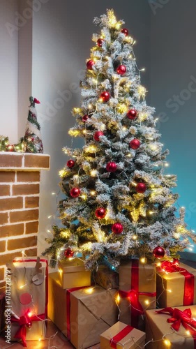 Snowy Christmas tree with presents and red balls