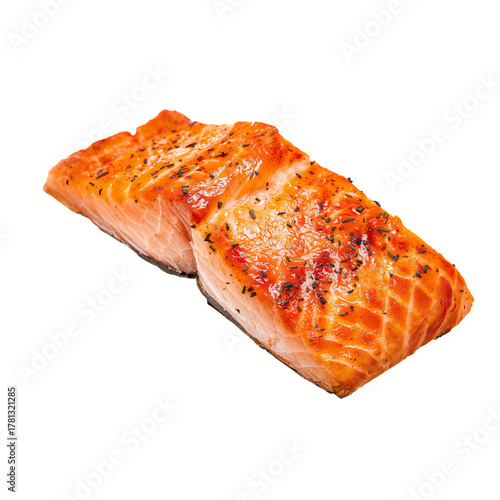Delicious Grilled Salmon Fillet With a Crispy Surface and Herbs Served on a W...