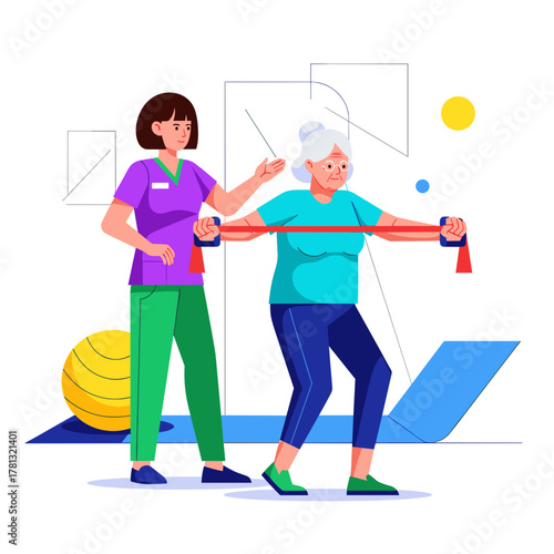 Elderly woman exercising with resistance bands during physical therapy  