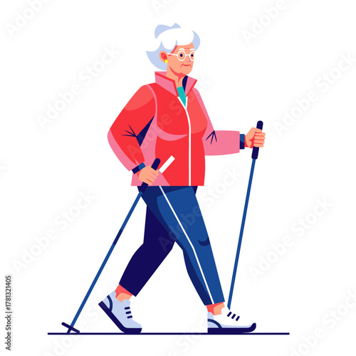 Elderly woman Nordic walking with trekking poles in active lifestyle  