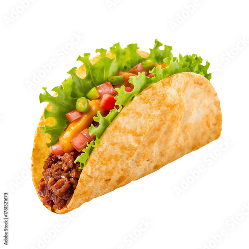 Fresh Taco With Beef, Lettuce, and Cheese Served on a White Background.