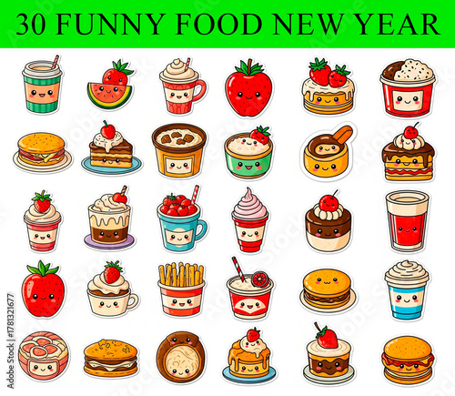 30 Funny Food Characters for the New Year in Icon Style  
