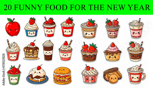 20 Funny Food Characters for the New Year in Icon Style  